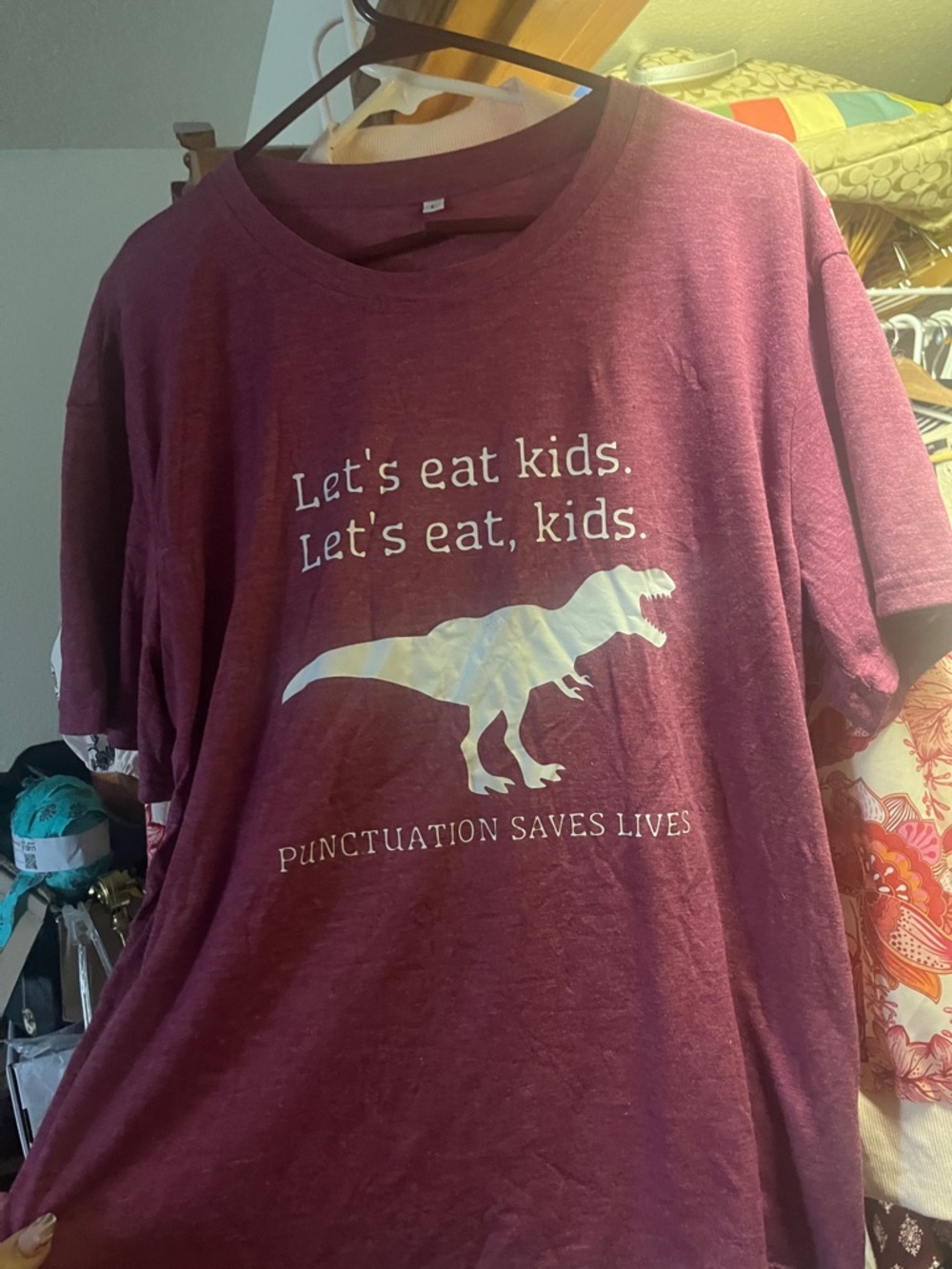 Graphic Tee - Burgundy "Punctuation Saves Lives" Dinosaur